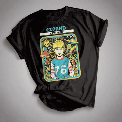 Black t-shirt with a colorful graphic design featuring a person with the text 'Expand Your Mind' on a gray background.