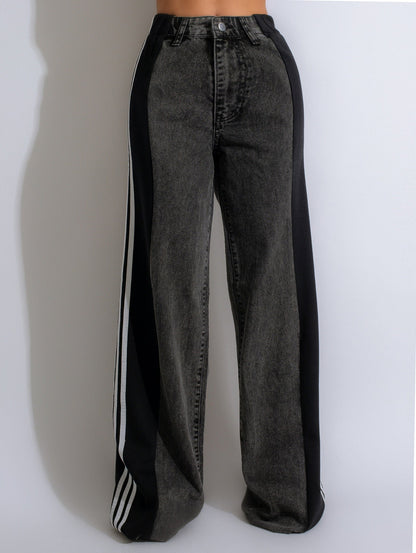 Women's Striped High Waist Straight Leg Denim Pants