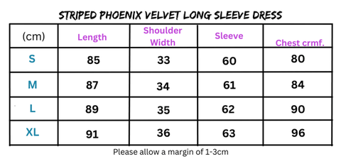 Clothing size chart for Striped Phoenix Velvet Long Sleeve Dress showcasing phoenix velvet design