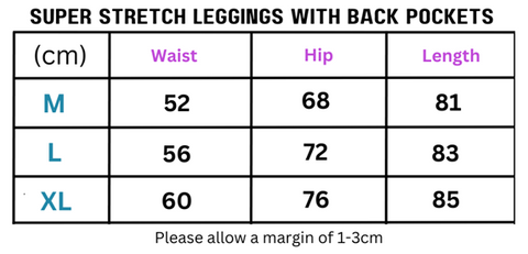 Size chart for super stretchy leggings with back pockets, perfect for women’s stretchy leggings