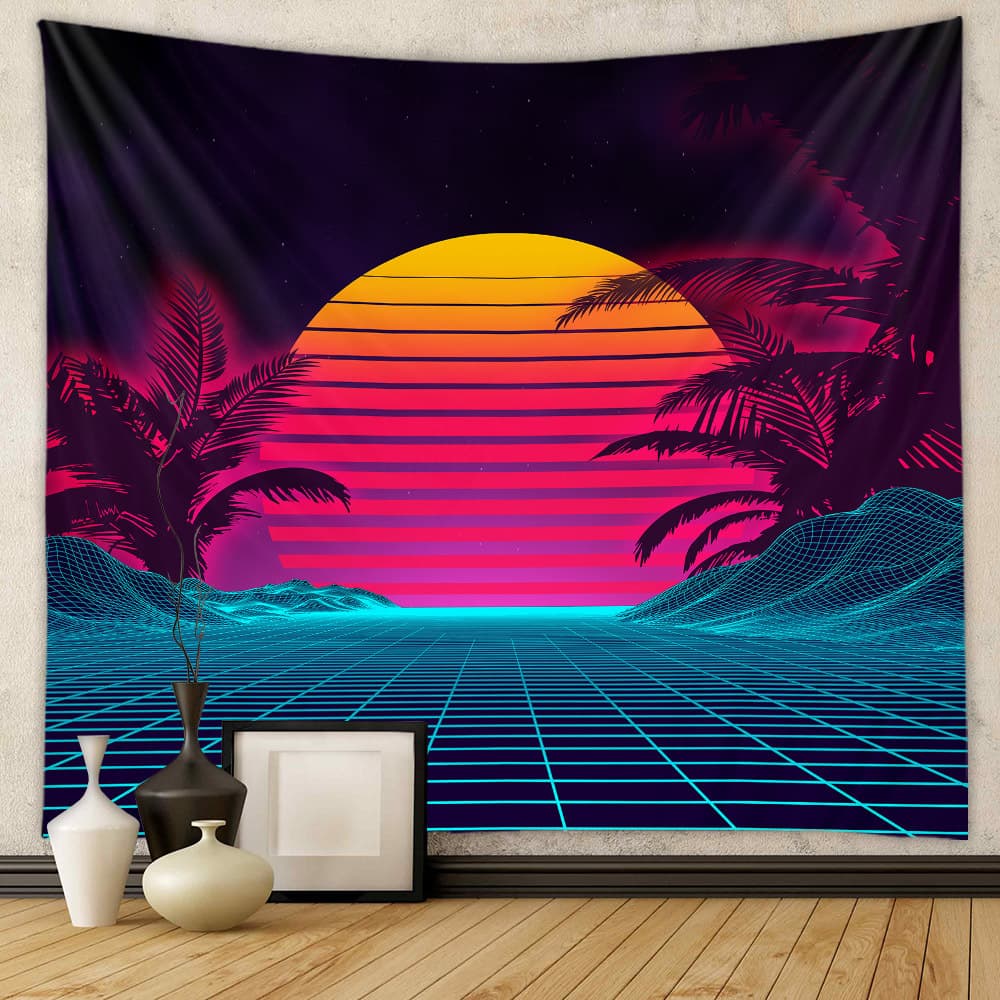 Tapestry with a retro-style sunset and palm trees design, hanging on a wall.