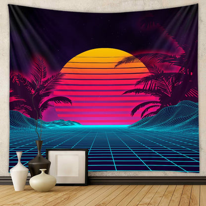 Tapestry with a retro-style sunset and palm trees design, hanging on a wall.