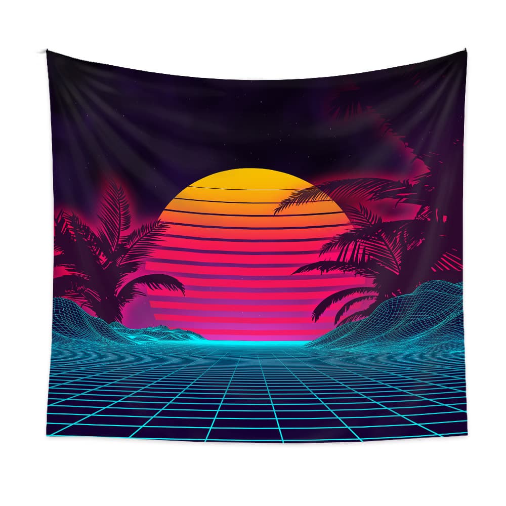 Tapestry with a retro-style sunset and palm trees design on a grid background.