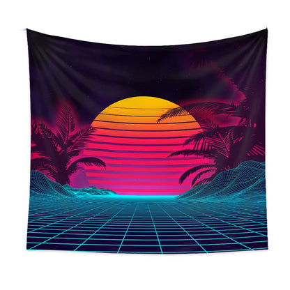 Tapestry with a retro-style sunset and palm trees design on a grid background.