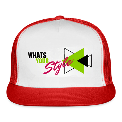 Trucker hat with 'What's Your Style' text and design on a white background