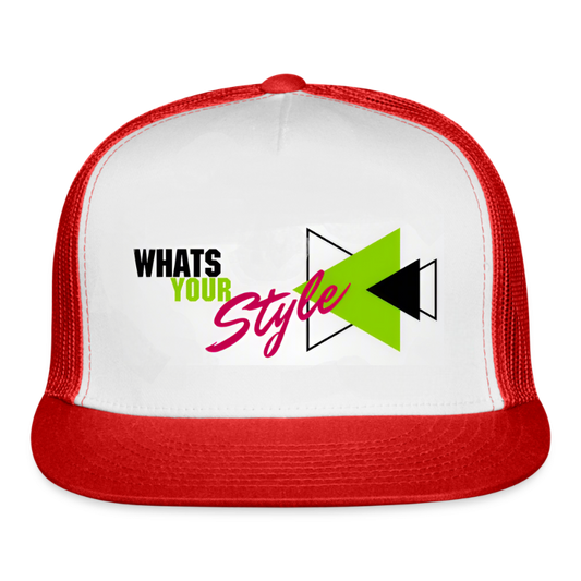 Trucker hat with 'What's Your Style' text and design on a white background
