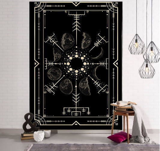 Decorative tapestry with celestial design in a room setting
