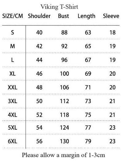 Viking Inspired Crew Neck T-Shirt size chart showcasing fit for Viking inspired crew neck apparel