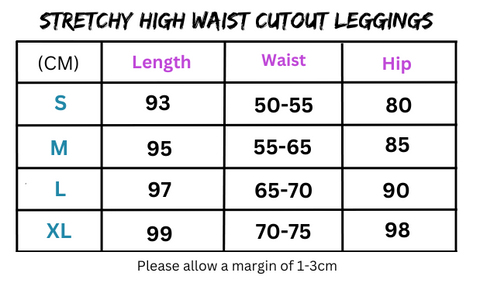 Leggings size chart for Women’s Stretchy High Waist Cutout Leggings featuring high waist cutout design