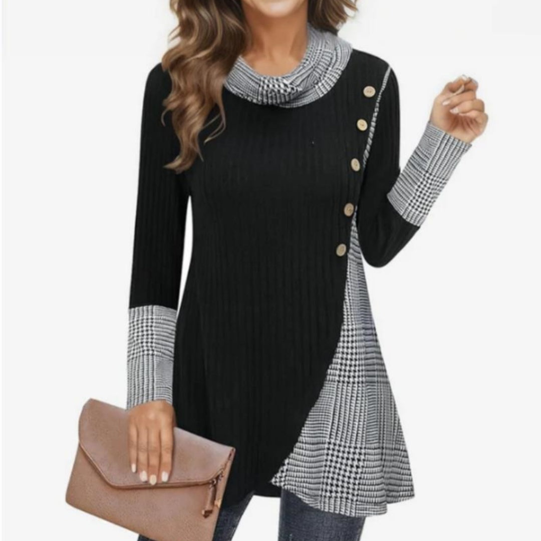 Women's Black & Plaid Cowl Neck Tunic Lunacy Deals & Designs