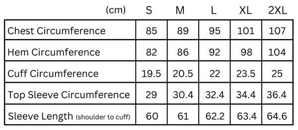 Clothing size chart for women’s see-through lace cover-up layering shirt