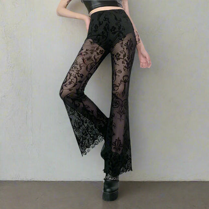 Women's Sheer Floral Lace Flare Pants