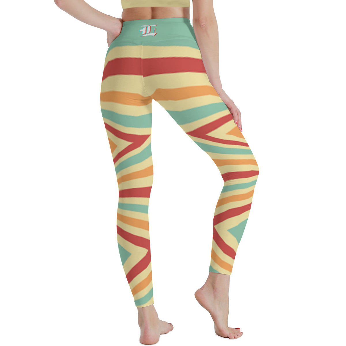 Colorful striped leggings worn by a person on a white background