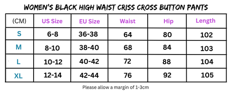 Women’s Black High Waist Criss Cross Button Pants size chart for high waist skinny pants