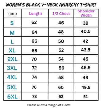 Women’s black V-neck Anarchy T-shirt size chart displayed for women’s black V-neck Anarchy T-shirt