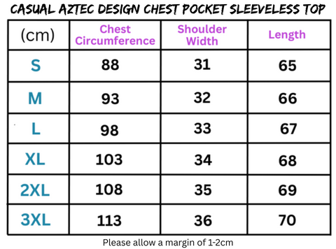Sizing chart for Women’s Casual Aztec Design Chest Pocket Sleeveless Top