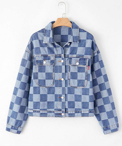 Women's Checkered Button Up Denim Jacket