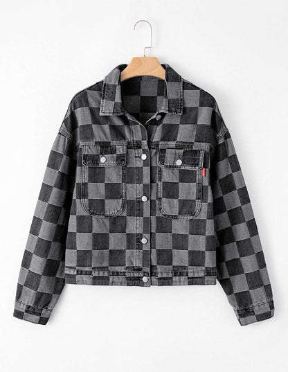 Women's Checkered Button Up Denim Jacket