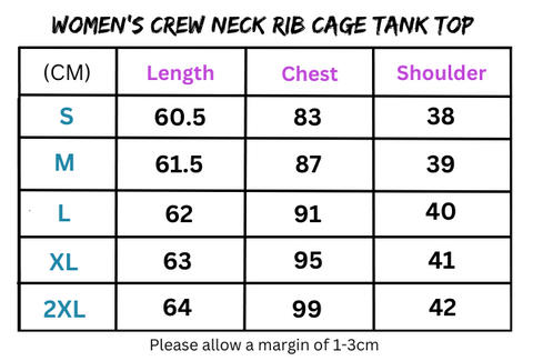 Women’s clothing size chart for Rib Cage Tank Top showcasing fit and measurements