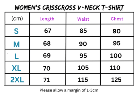 Women’s Crisscross V-Neck Short Sleeve T-Shirt size chart showing fit and measurements