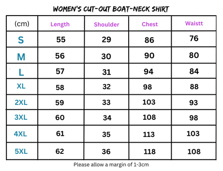 Women’s clothing size chart for Women’s Cut-Out Boat-Neck Skull Shirt