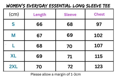 Women’s clothing size chart for Women’s Everyday Essential Long Sleeve Tee with crew neck