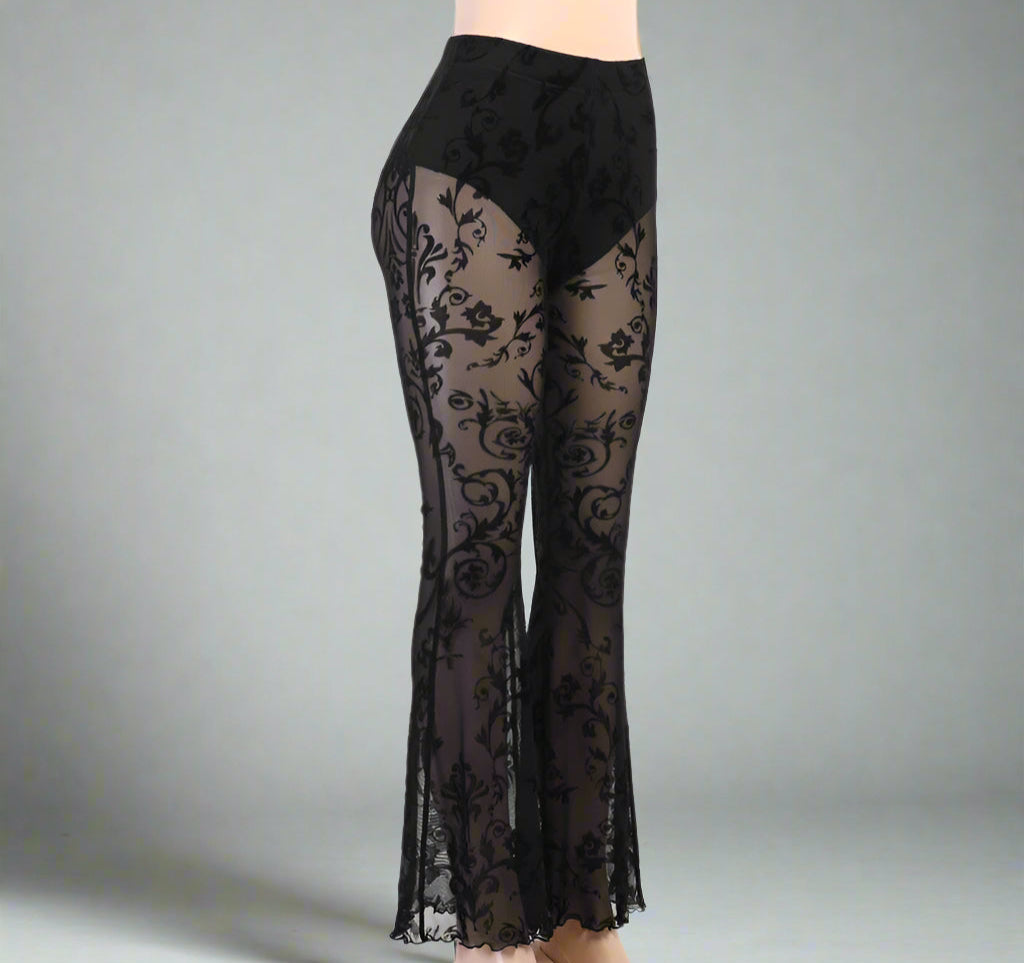 Women's Sheer Floral Lace Flare Pants