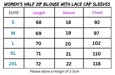 Women’s blouse size chart highlighting lace cap sleeves and cap sleeves fit