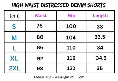 Denim Shorts Size Chart for Women’s High Waist Distressed White Denim Shorts