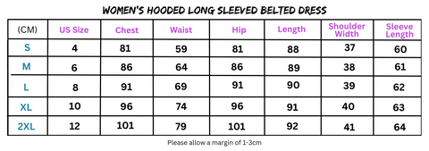 Size chart for Women’s Hooded Long Sleeved Belted Dress highlighting fit options