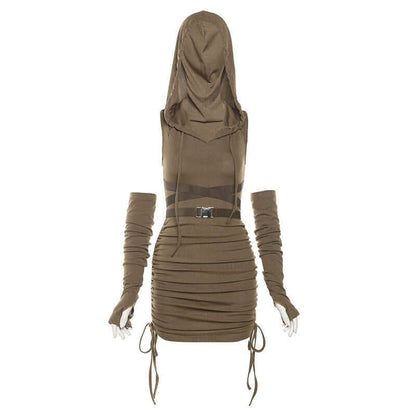 Women's Hooded Ruched Dress with Detached Sleeves - Lunacy Deals & Designs