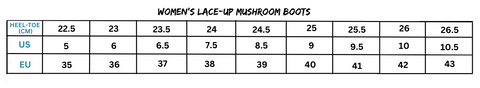 Women’s lace-up mushroom boots size chart showing fitting options for women’s lace-up shoes
