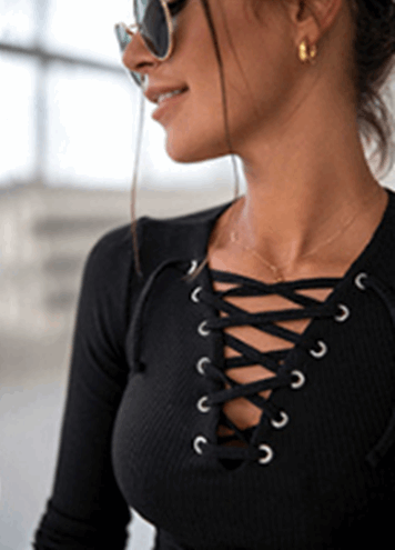 Women's Lace-Up Ribbed Knit Top