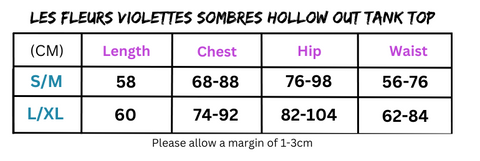 Clothing size chart for Women’s Les Fleurs Violettes Sombres Hollow Out Tank Top