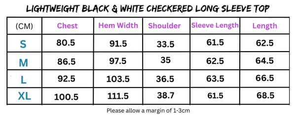 Clothing size chart for Women’s Lightweight Black & White Checkered Long Sleeve Top