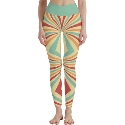 A pair of high-waisted leggings with a multicolored geometric stripe pattern. The leggings are primarily green at the top, transitioning into a series of vibrant stripes.