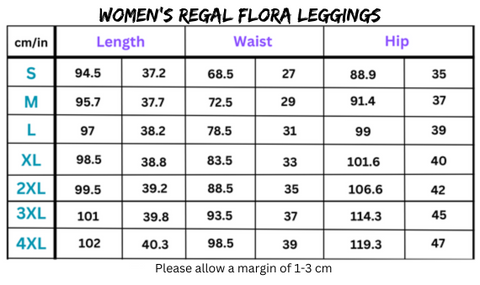Women’s Regal Flora High Waist Stretchy Leggings size chart showcasing fit and measurements