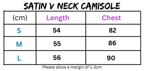 Size chart for Women’s Satin Spaghetti Strap V Neck Camisole featuring an elegant satin v-neck style.