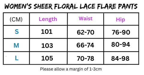 Women’s clothing size chart for Women’s Sheer Floral Lace Flare Pants featuring floral lace design
