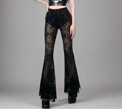 Women's Sheer Floral Lace Flare Pants