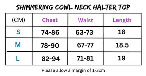 Clothing size chart for Women’s Shimmering Cowl Neck Halter Top online retail