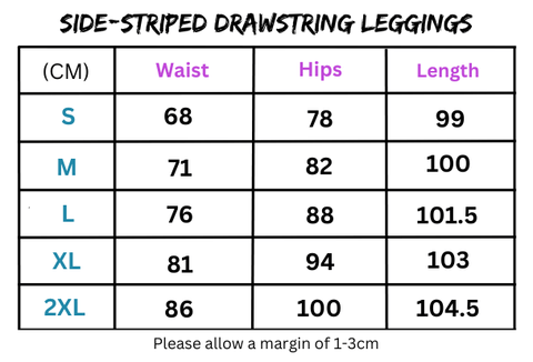 Size chart for Women’s Side-Striped Drawstring Leggings featuring side-striped drawstring design