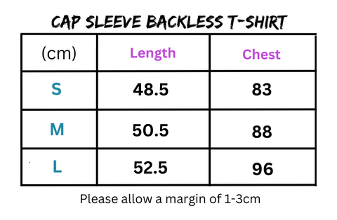 Clothing size chart for Women’s Slim Fit Cap Sleeve Backless T-shirt showing fit details