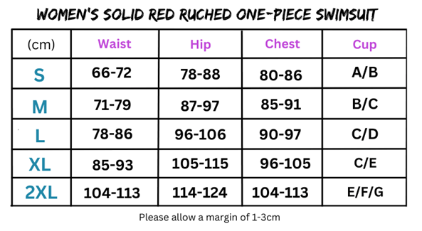 Women’s Cherry Red Ruched 1 Piece Swimsuit size chart for red ruched swimsuits