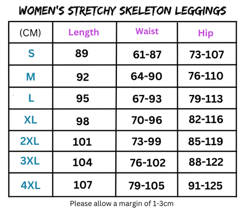 Women’s stretchy skeleton leggings size chart showcasing comfortable stretchy skeleton leggings for women