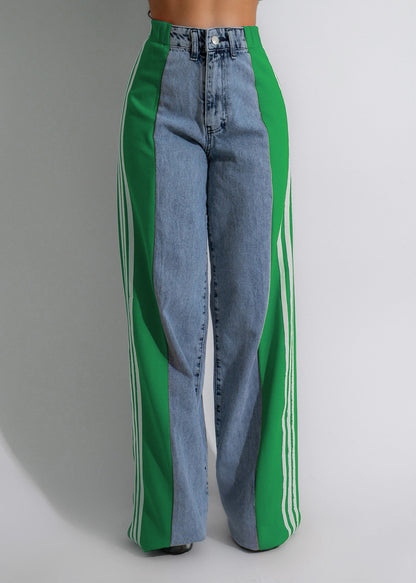 Women's Striped High Waist Straight Leg Denim Pants