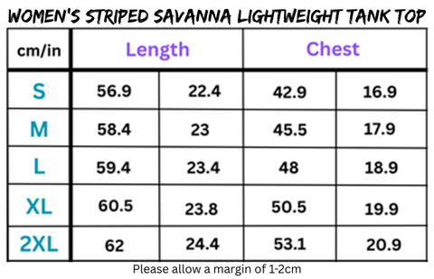 Women’s Tank Top Size Chart for Striped Savanna Lightweight Tank Made of Breathable Polyester Fabric