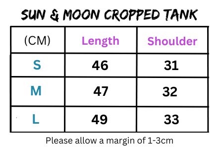 Clothing size chart for Women’s Sun & Moon Crew Neck Cropped Tank featuring moon crew design
