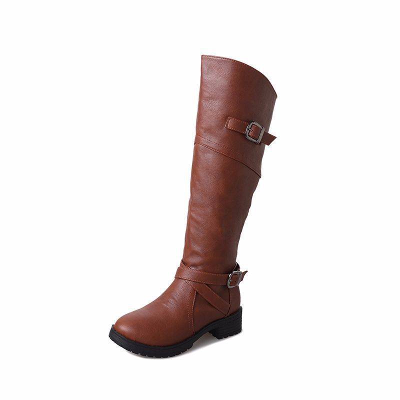 Women's Tall Leather Side-Buckle Low-Heel Boots - Lunacy Deals & Designs