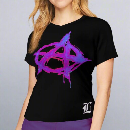 Black t-shirt with purple and blue abstract design worn by a person on a gray background